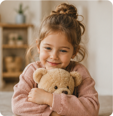 Child smiling while holding a teddy bear