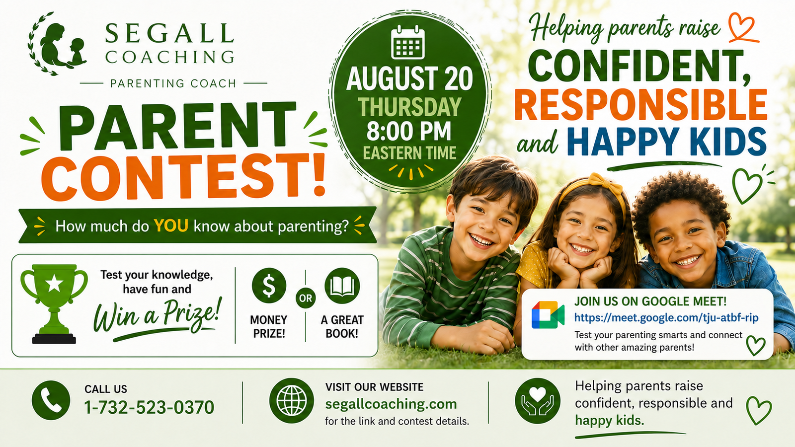 Parent Contest flyer from Segall Coaching for Thursday, August 20, 2026 at 8:00 PM Eastern time
